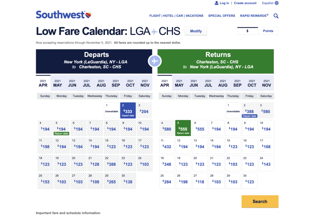 Southwest Low Fare Calendar