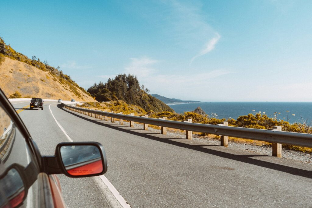View from window of a car driving along a road
