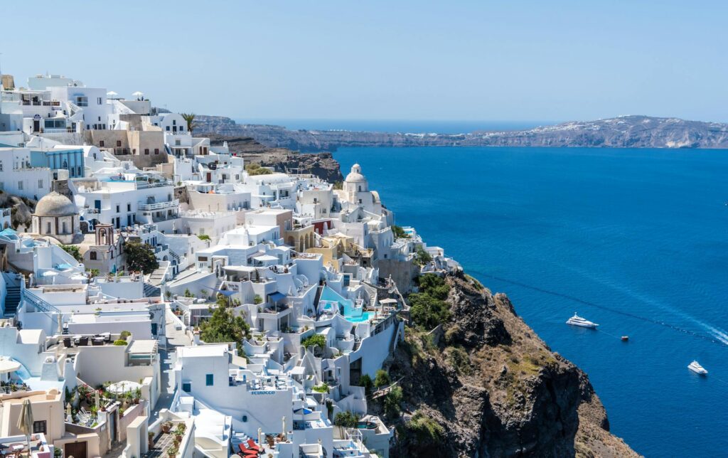 White buildings against blue ocean in Santorini