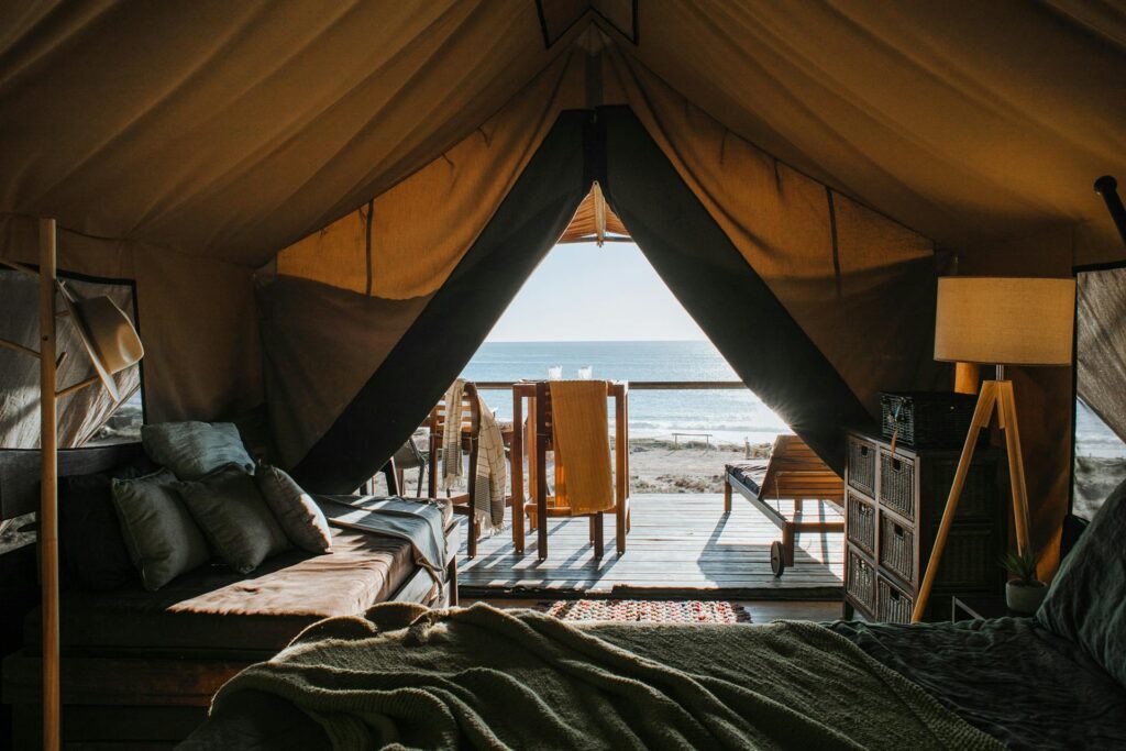 Cozy tent with a terrace next to the beach
