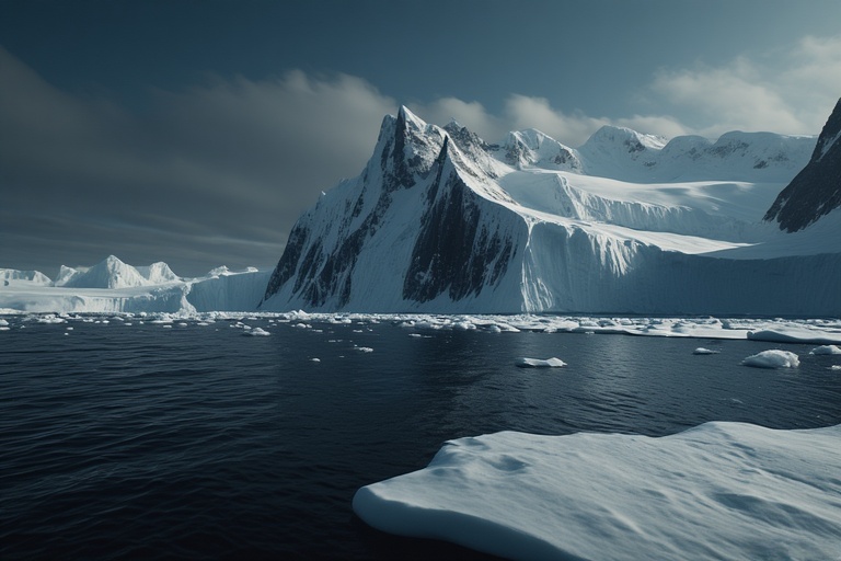 Snowy glaciers protruding out of the ocean in Antarctica