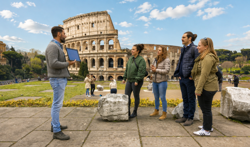 Tour guide with a tour group outside the colosseum in Rome